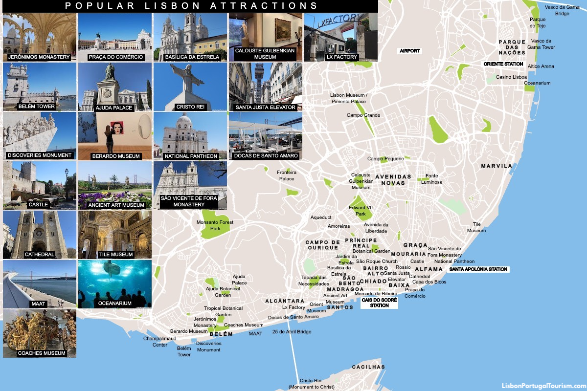 Lisbon Tourist Map with the Major Attractions and Neighborhoods